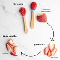 Image Showing Howto Serve Strawberries to Baby at 6 months +, 9 months + and 12-24 months.