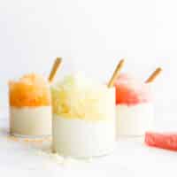 3 Glasses pf Yogurt Topped With Frozen Fruit Ice (Pineapple, Cantaloupe and Watermelon).