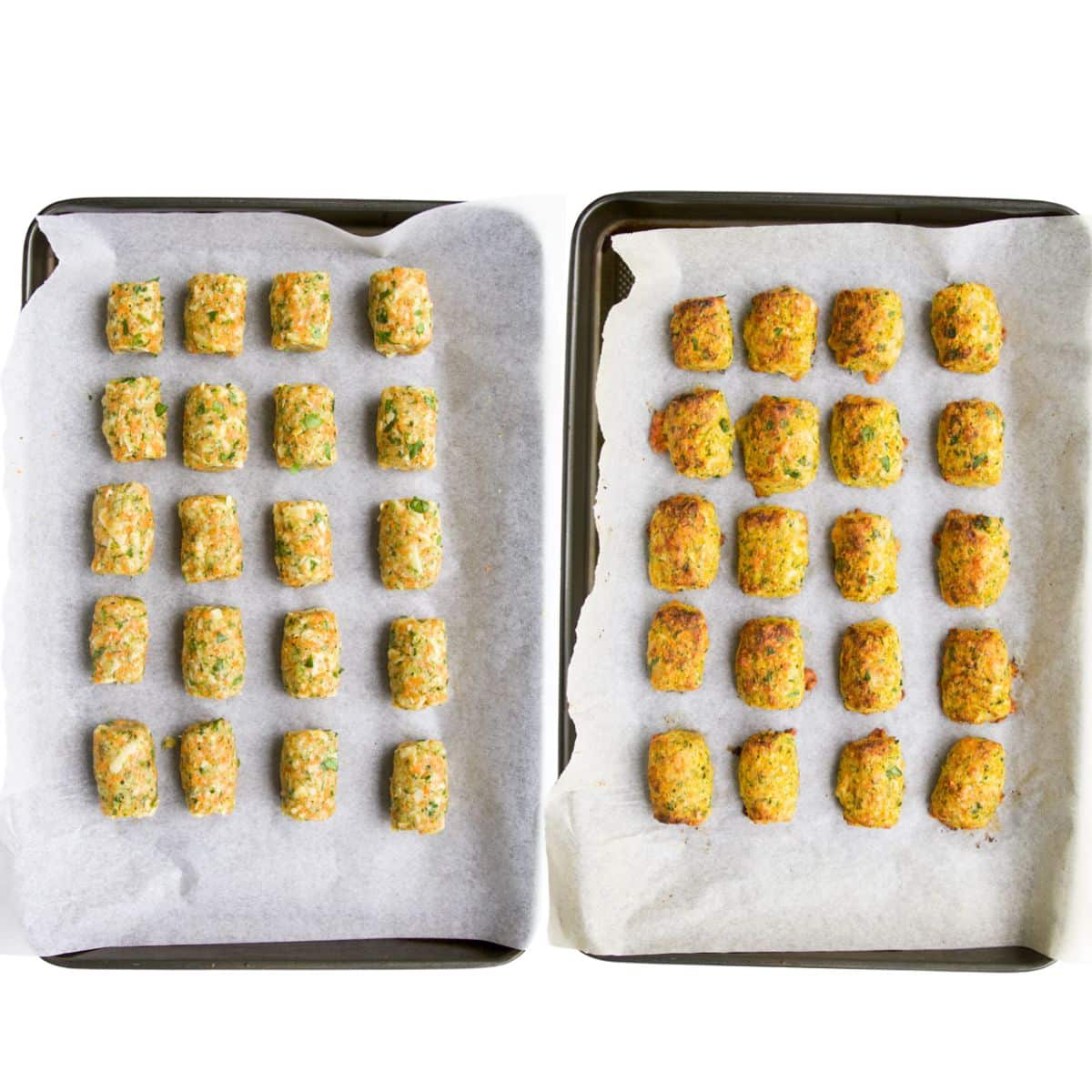 Veggie Tots On Baking Tray Before and After Cooking. 