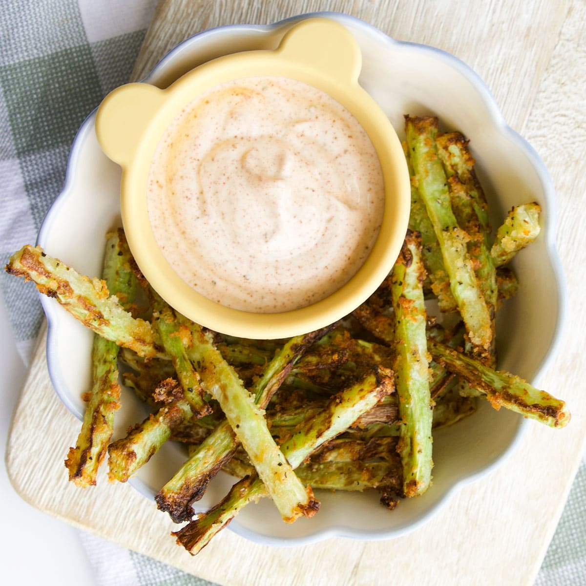 Broccoli Fries in Bowl with Smoked Paprika Dip. 