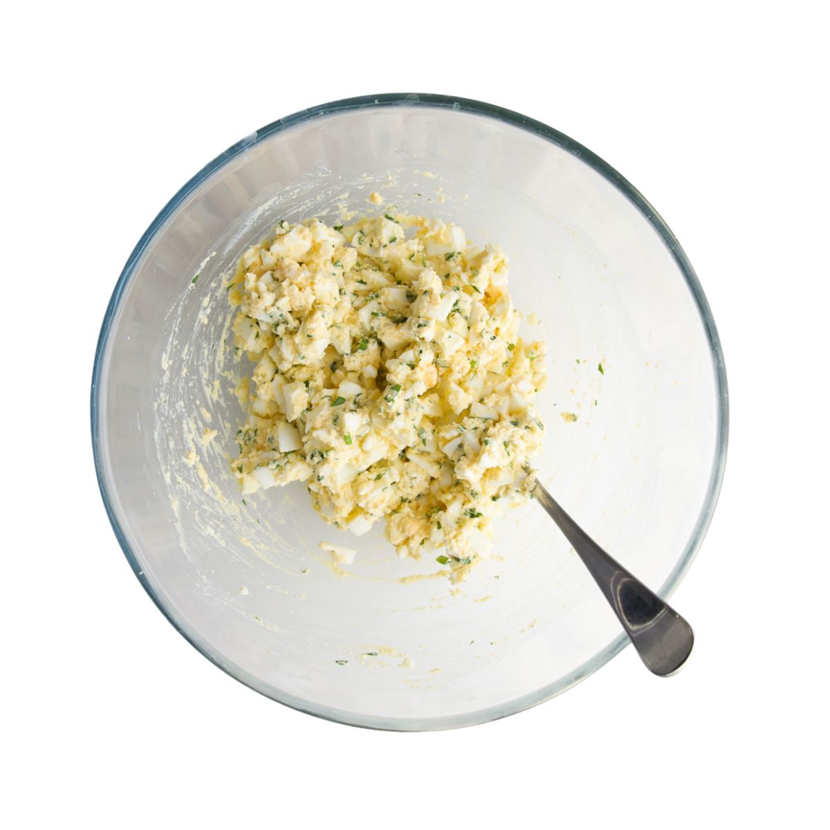 Cottage Cheese Egg Salad in Mixing Bowl.