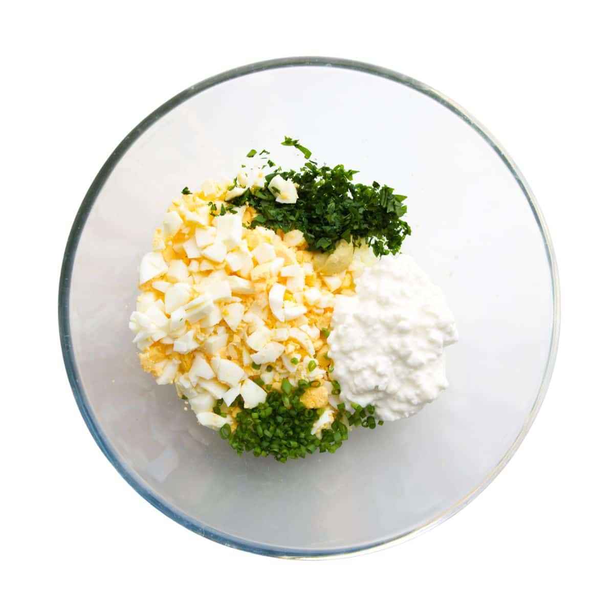 Cottage Cheese Egg Salad Ingredient in a Bowl Before Mixing.