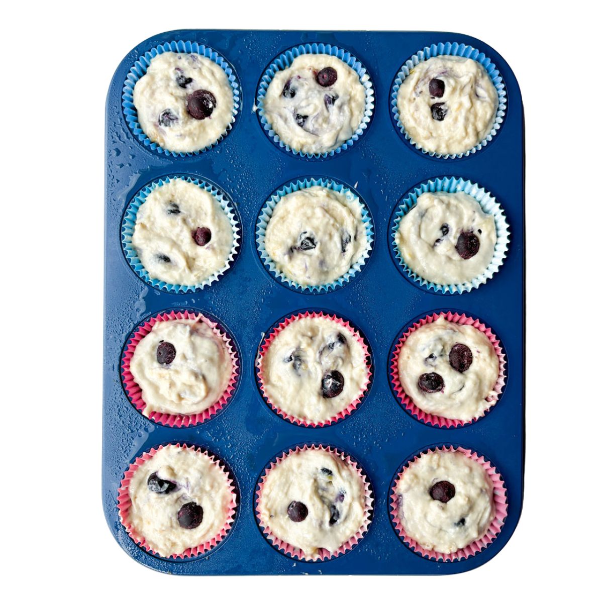 Muffin Cups Filled with Blueberry Yogurt Muffin Batter Topped with Blueberries.