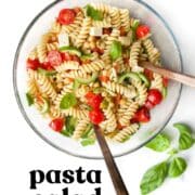 Pinterest Pin for Lunchbox Pasta Salad With Image of Pasta Salad in Bowl.