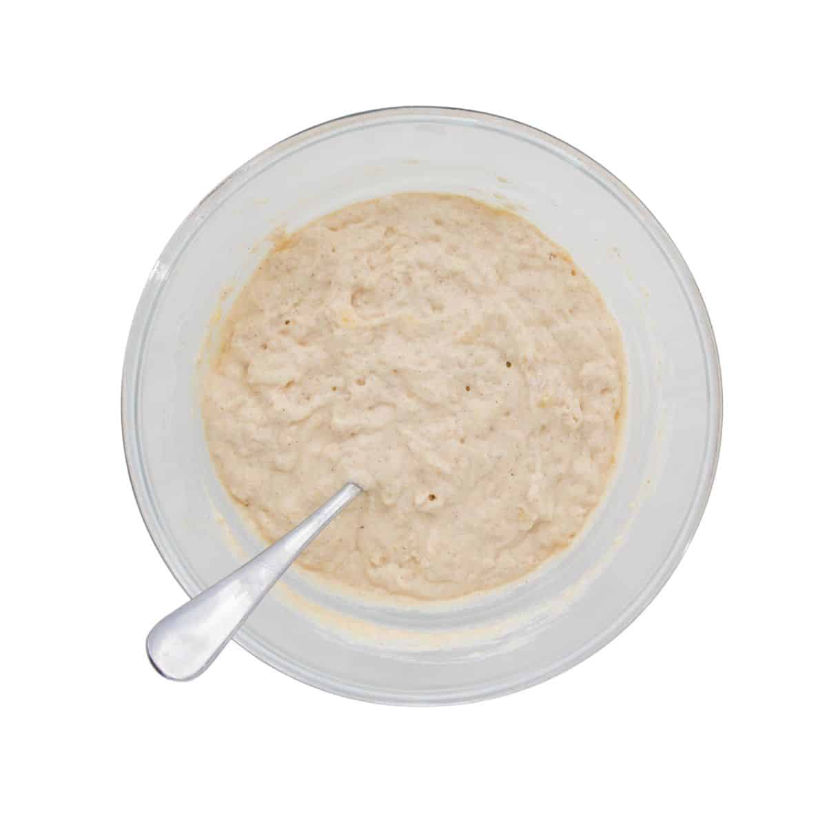 Banana Yogurt Pancake Ingredients Combined in Mixing Bowl.